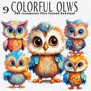 Buntes Eulen Clipart PNG Bundle, Aquarell PNG-Dateien für Sublimationsdesign PNG, Bündel lebendige Farben, Eule Clipart, Eulenpaket