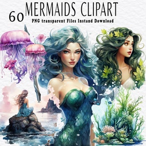 Bundle de cliparts sirènes PNG transparents - Aquarelles numériques à télécharger pour le scrapbooking | Journal indésirable | Créations en papier