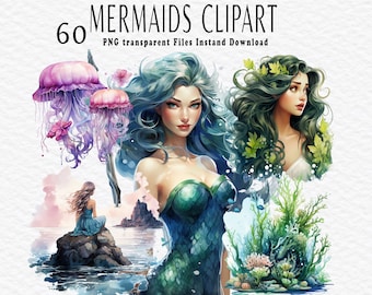 Mermaids Clipart Bundle PNG transparent - Watercolor Digital Download PNG Files for Scrapbooking| Junk Journal| Paper Crafts