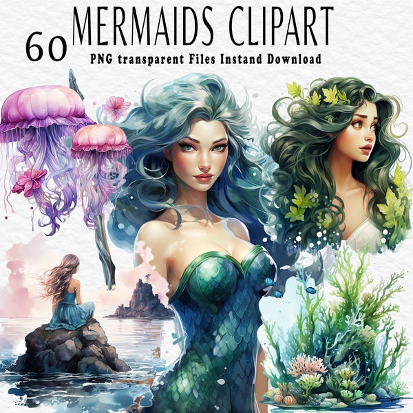 Mermaids Clipart Bundle PNG transparent - Watercolor Digital Download PNG Files for Scrapbooking| Junk Journal| Paper Crafts
