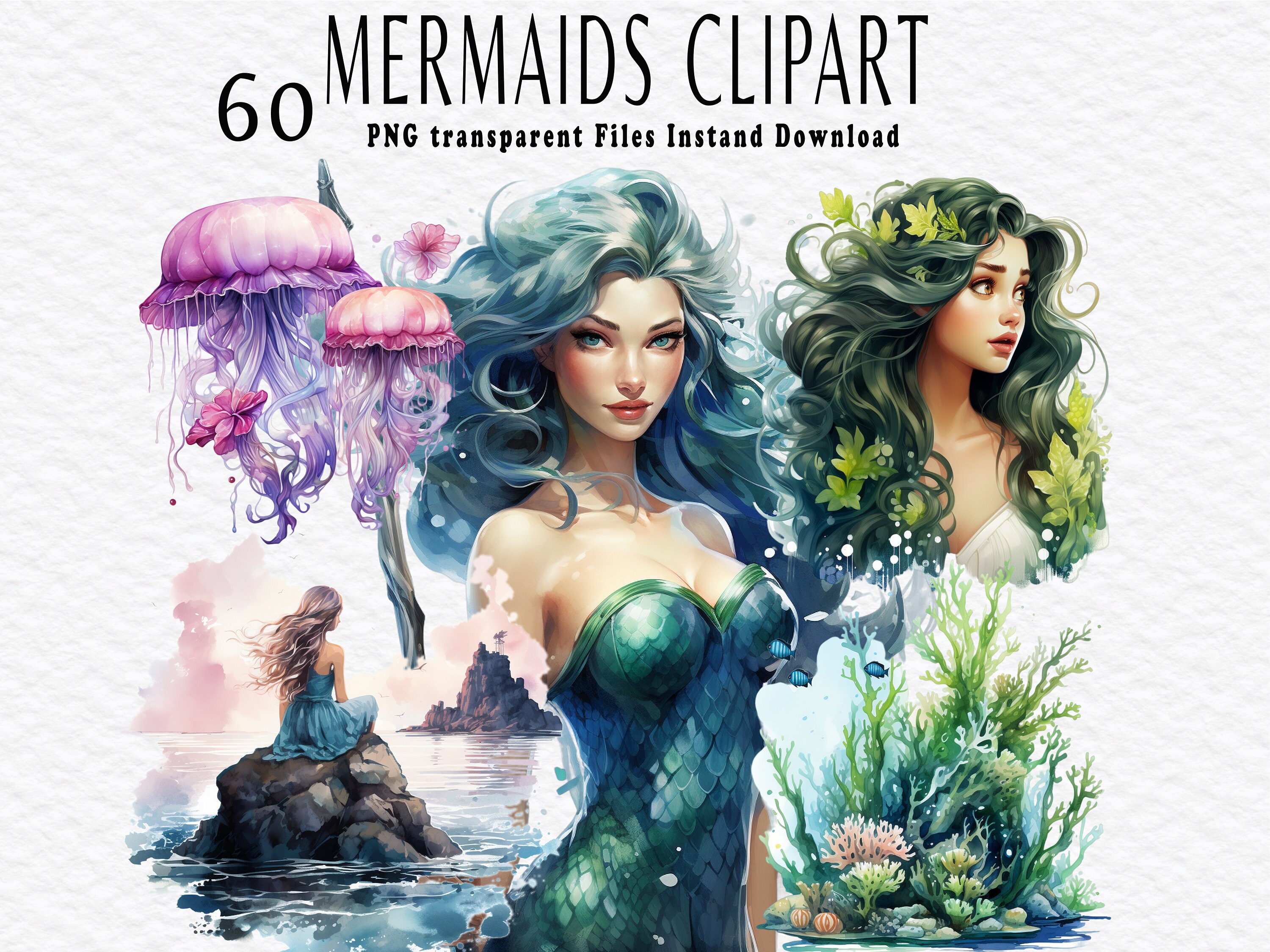 Mermaids Clipart Bundle PNG Transparent - Watercolor Digital Download ...