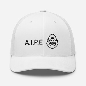 May include: White trucker hat with black embroidered text "A.I.P.E." and a black outline of a gorilla face.