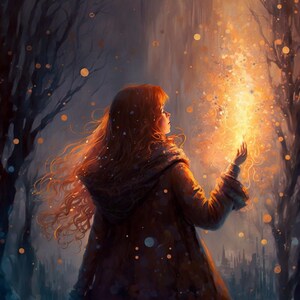 May include: A young woman with long red hair stands in a snowy forest, holding out her hand towards a glowing orb of light. The orb is surrounded by smaller, sparkling lights, creating a magical atmosphere.