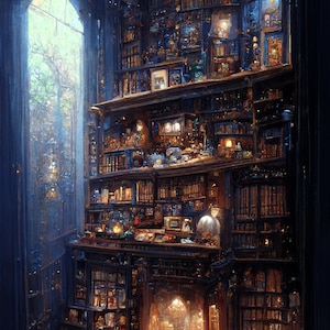 Whimsical School Common Room Illustration: Blue and Bronze Wall Art (Digital Download)
