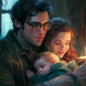Puede incluir: Una pintura de una familia con un hombre, una mujer y un bebé. El hombre lleva gafas y tiene el pelo oscuro. La mujer tiene el pelo largo y rojo. El bebé está durmiendo en los brazos de la mujer. La familia está sentada en una habitación con poca luz con una vela sobre una mesa.