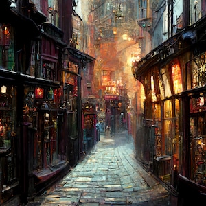 Magical Shopping Street Illustration: Fantasy Town Art Print (Digital Download)