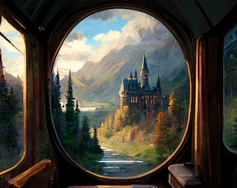 Magical School Train Illustration: Fantasy Castle Wall Art (Digital Download)