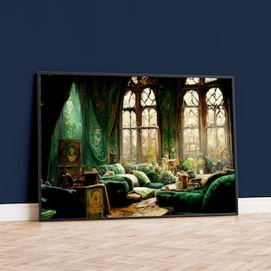 Groene en zilveren grillige school leerlingenkamer Premium mat papier poster kunst aan de muur, kunstafdruk, wanddecoratie, woondecoratie