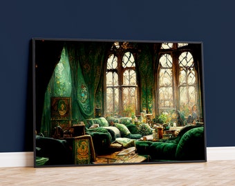 Green and Silver Common Room Art Print, Whimsical School Decor