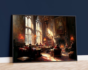Kunstprint school leerlingenkamer rood en goud: grillig muurdecor