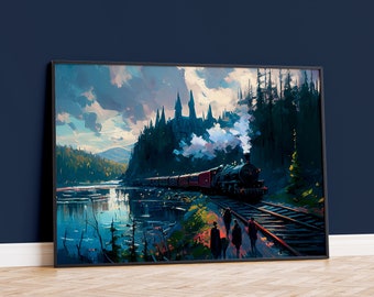 Matte kunstprint magische kasteeltrein, fantasie muurdecoratie