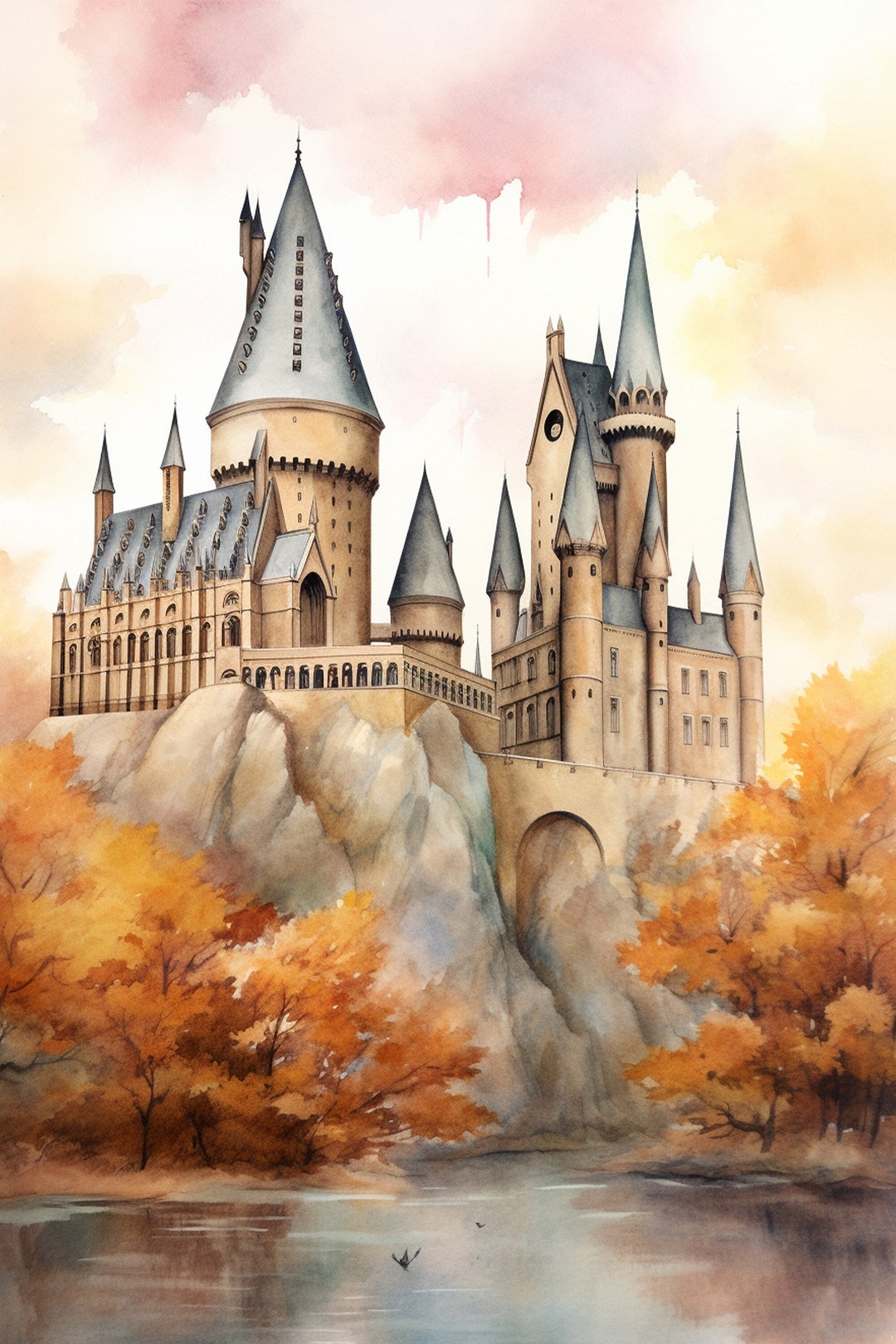 Autumn Magical Castle Art Print: Watercolor Illustration (digital ...