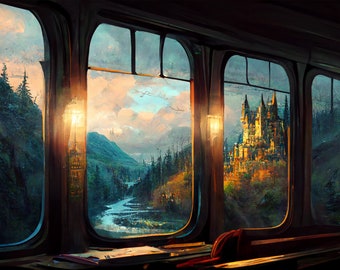 Magical School Train Illustration: Fantasy Castle Wall Art (Digital Download)