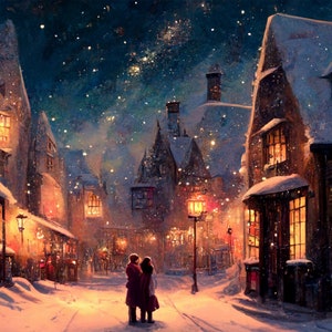 Valentine&#39;s Day at Magical Village Illustration, Wall Art, Art Print, Digital Download, Digital Print, Wall Decor, Home Decor