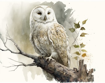 Magical White Owl Watercolor Art Print (Digital Download)