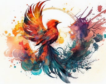 Phoenix Watercolor Art Print: Colorful Bird Illustration (Digital Download)