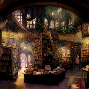 Magical Bookstore Illustration: Whimsical Wall Art (Digital Download)