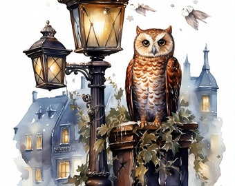 Owl Watercolor Art Print: Season Scene Wall Decor (Digital Download)