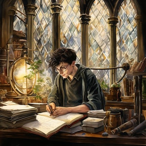 Wizard Studying at Magical School Watercolor Illustration, Wall Art, Art Print, Digital Download, Digital Print, Wall Decor, Home Decor