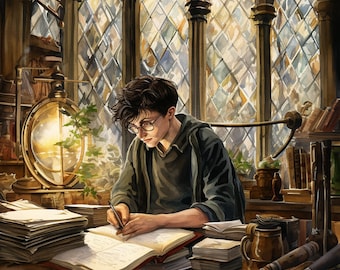 Wizard Studying Watercolor Art Print: Magical School Decor (Digital Download)