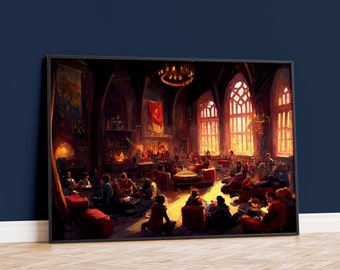 Red and Gold Common Room Illustration, Whimsical School Art Print