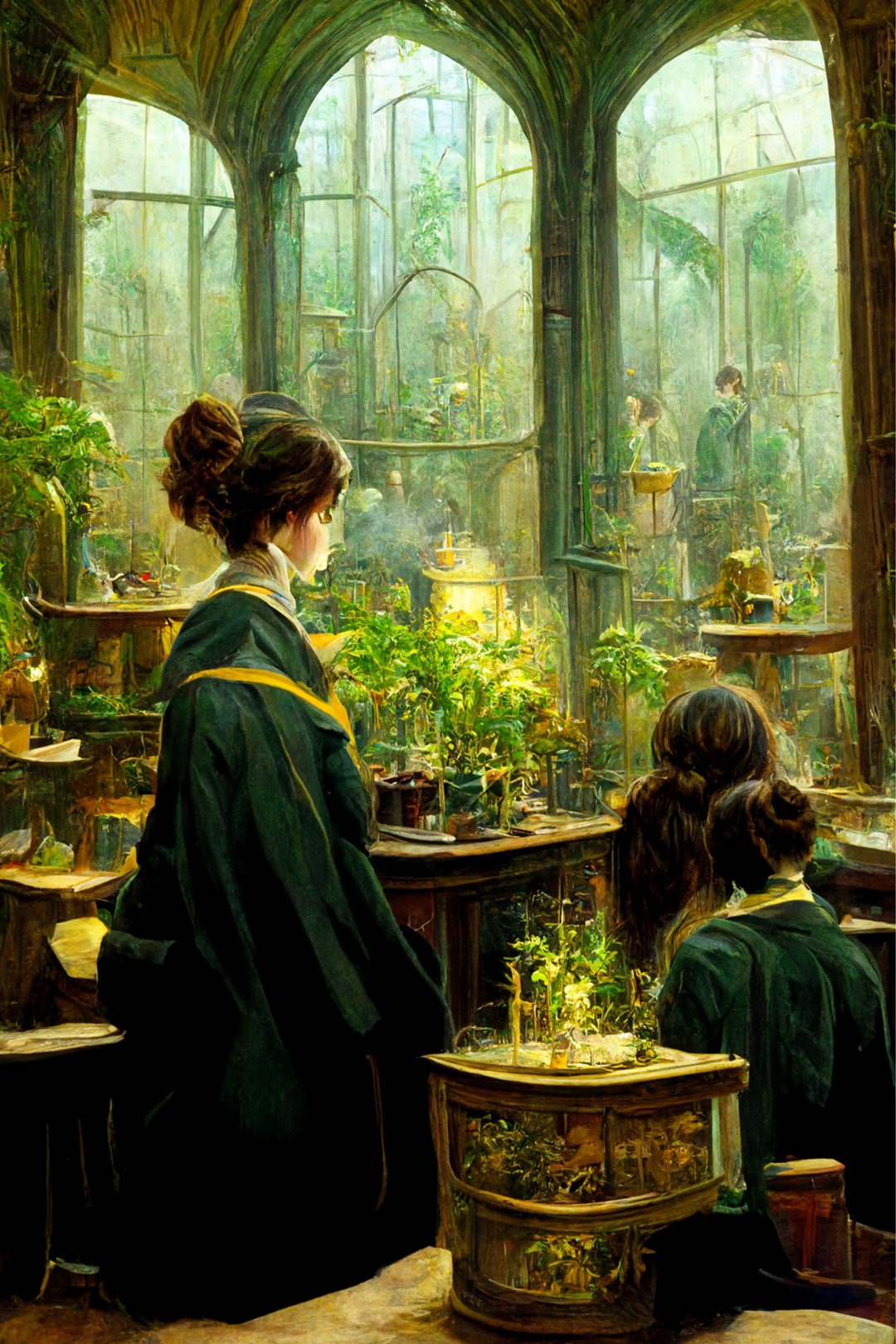 Students in Herbology Class Illustration, Wall Art, Art Print, Digital