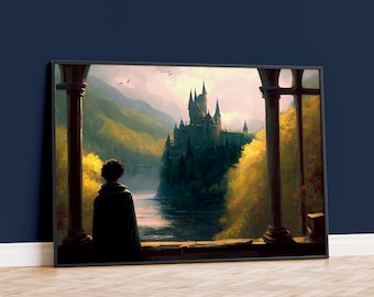 Premium matpapieren poster Magisch kasteel, kunstafdruk tovenaarsschool