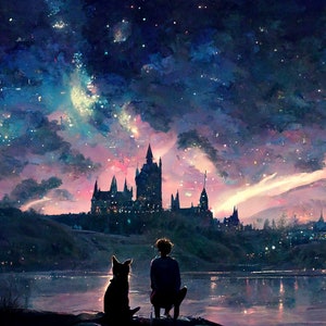 May include: A silhouette of a person and a dog sitting on a rock by a lake, looking out at a large castle in the distance. The sky is filled with stars and a bright, colorful aurora.