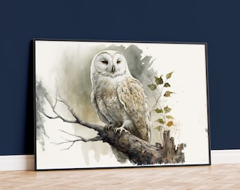 Magical White Owl Watercolor Art Print, Premium Matte Poster