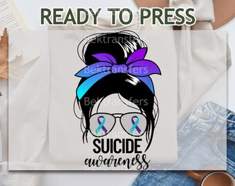 DTF Transfer, Ready To Press, T-Shirt Transfer, Suicide Awareness DTF, Suicide Prevention Awareness Bow & Glasses DTF - Advocacy and Support