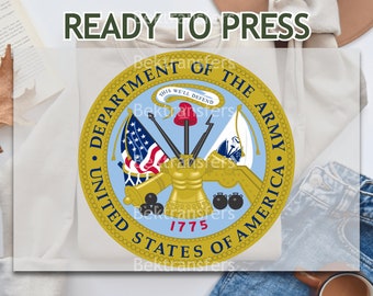 Trasferimento DTF, Pronto per la stampa, Trasferimenti su t-shirt, Trasferimenti termici, Diretto su pellicola, Logo militare dell'esercito americano, Dipartimento dell'esercito degli Stati Uniti d'America
