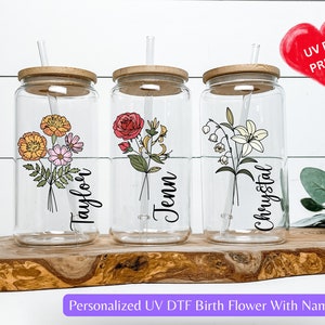 Personalized Birth Flower UV DTF With Name, Custom Birth Month UV Prints, Bridesmaid Gift, Birth Flower Iced Prints, Gifts for Her /4'' wide