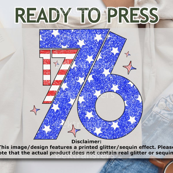 DTF, Ready To Press, T-shirt Transfer, Direct To Film, Faux Glitter, Glitter Effect 76 Star Spangled Number Design - 4th of July T-Shirt DTF