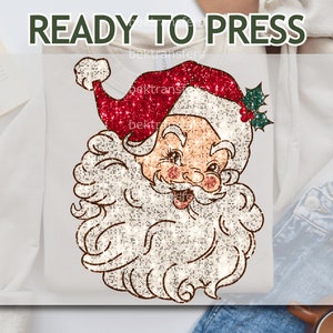 DTF Transfers, Ready to Press, T-shirt Transfers, Heat Transfer, Direct to Film, Christmas DTF Prints, Faux Glitter Red Santa