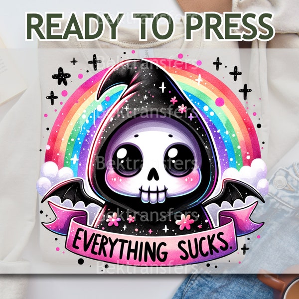 DTF Transfers, Ready To Press, T-shirt Transfer, Snarky Skeleton DTF, Cute Cynical Skull With Rainbow Design - 'Everything Sucks' Dark Humor