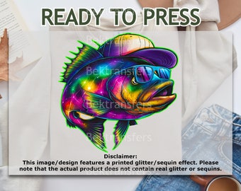 DTF Transfers, Ready to Press, T-shirt Transfer, Heat Transfer, Direct to Film, Fishing DTF Transfers, Cosmic Fish Wearing Cap, Faux Glitter