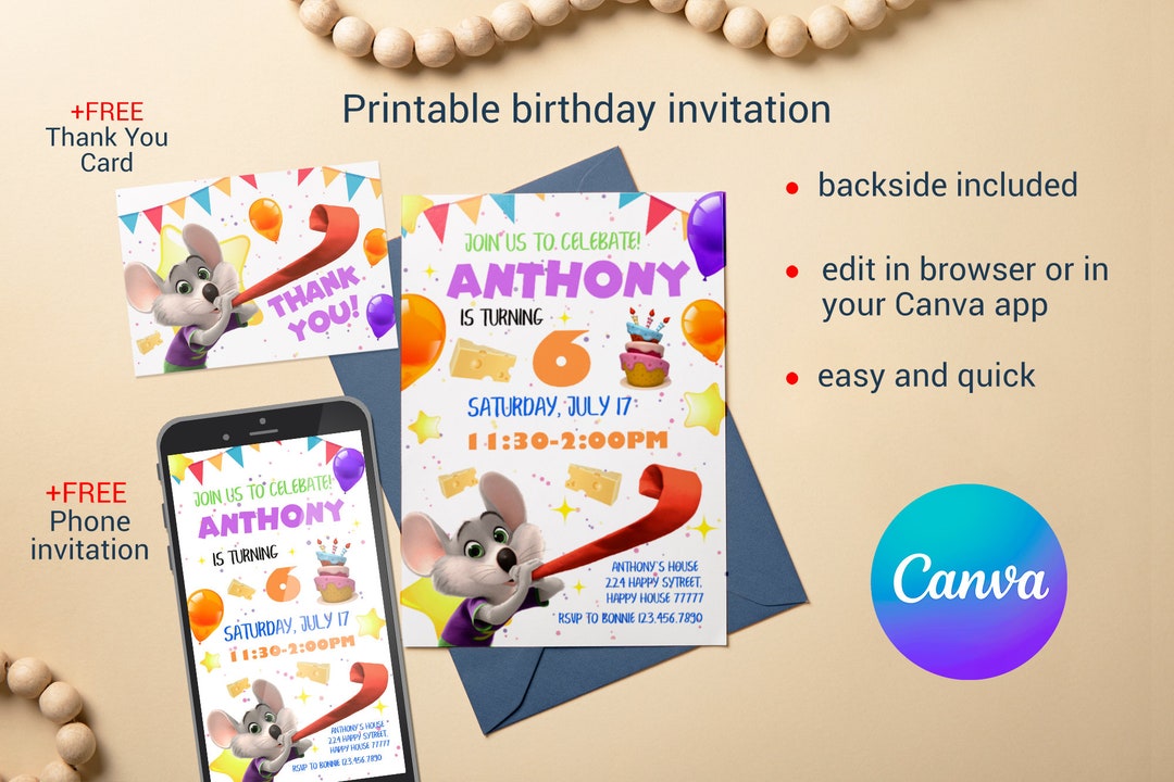 Chuck-e-cheese Editable Invitation Printable Birthday Invite - Etsy