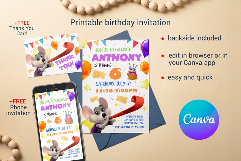 Chuck-e-cheese Editable Invitation, Printable Birthday Invite, Mouse ...