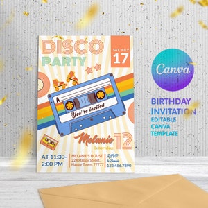 Druckbare Geburtstagseinladung, Disco Party Einladung, 80er Geburtstagsparty, Mädchen Tanzeinladung, Musik Party, 90s Party, editierbare Vorlage