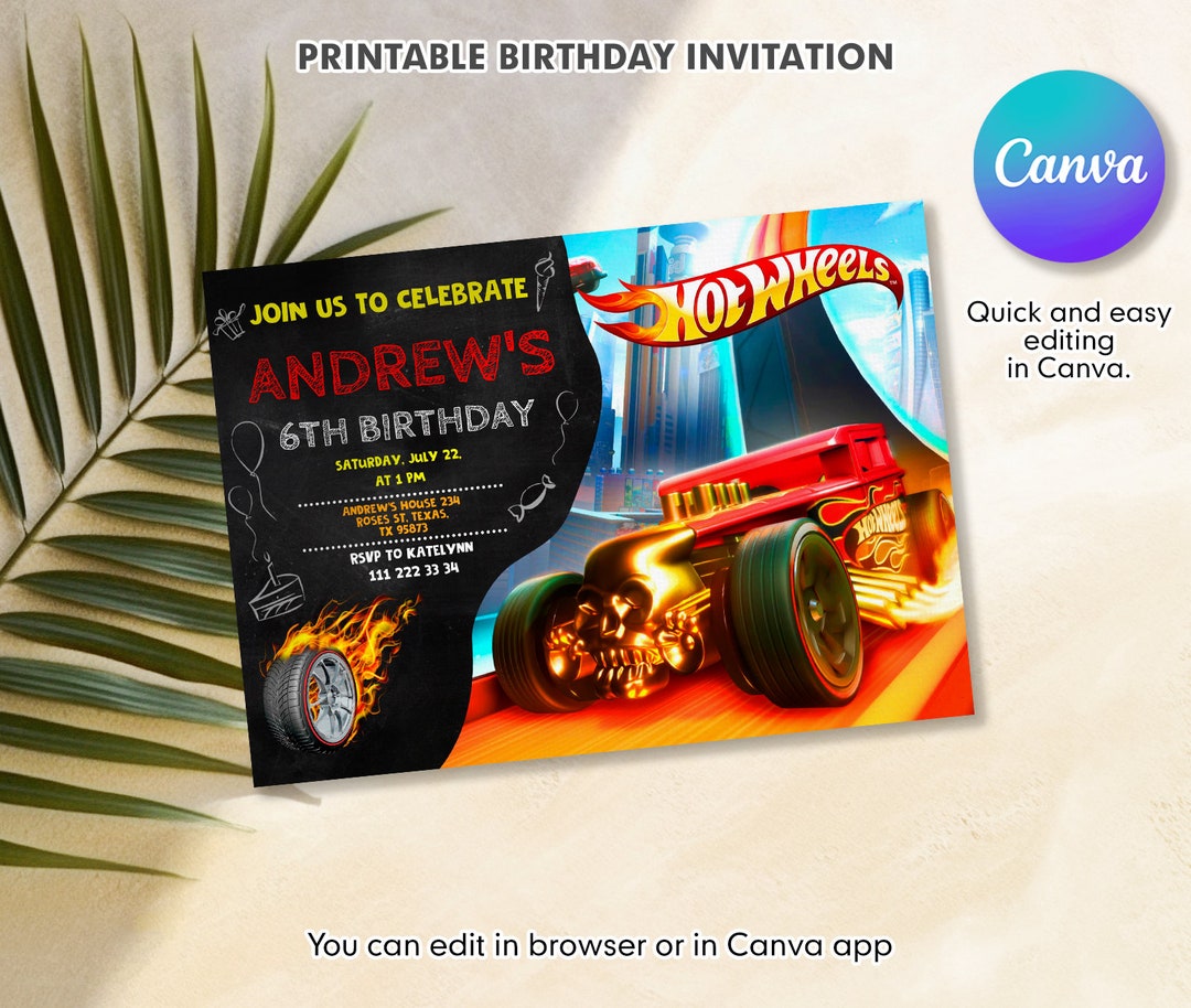 Cars Birthday Invitation, Hot Racing Invite, Wheels Invitation, Boy Birthday Party Invitation