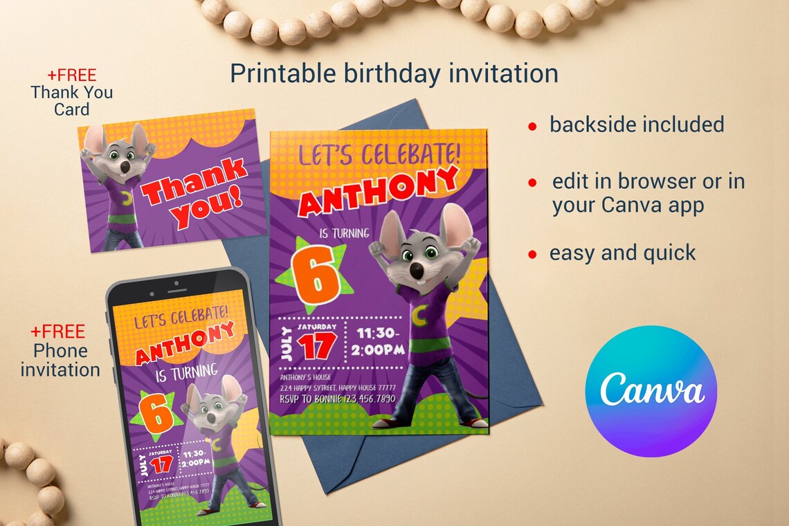 Chuck-e-cheese Editable Invitation, Printable Birthday Invite, Mouse ...