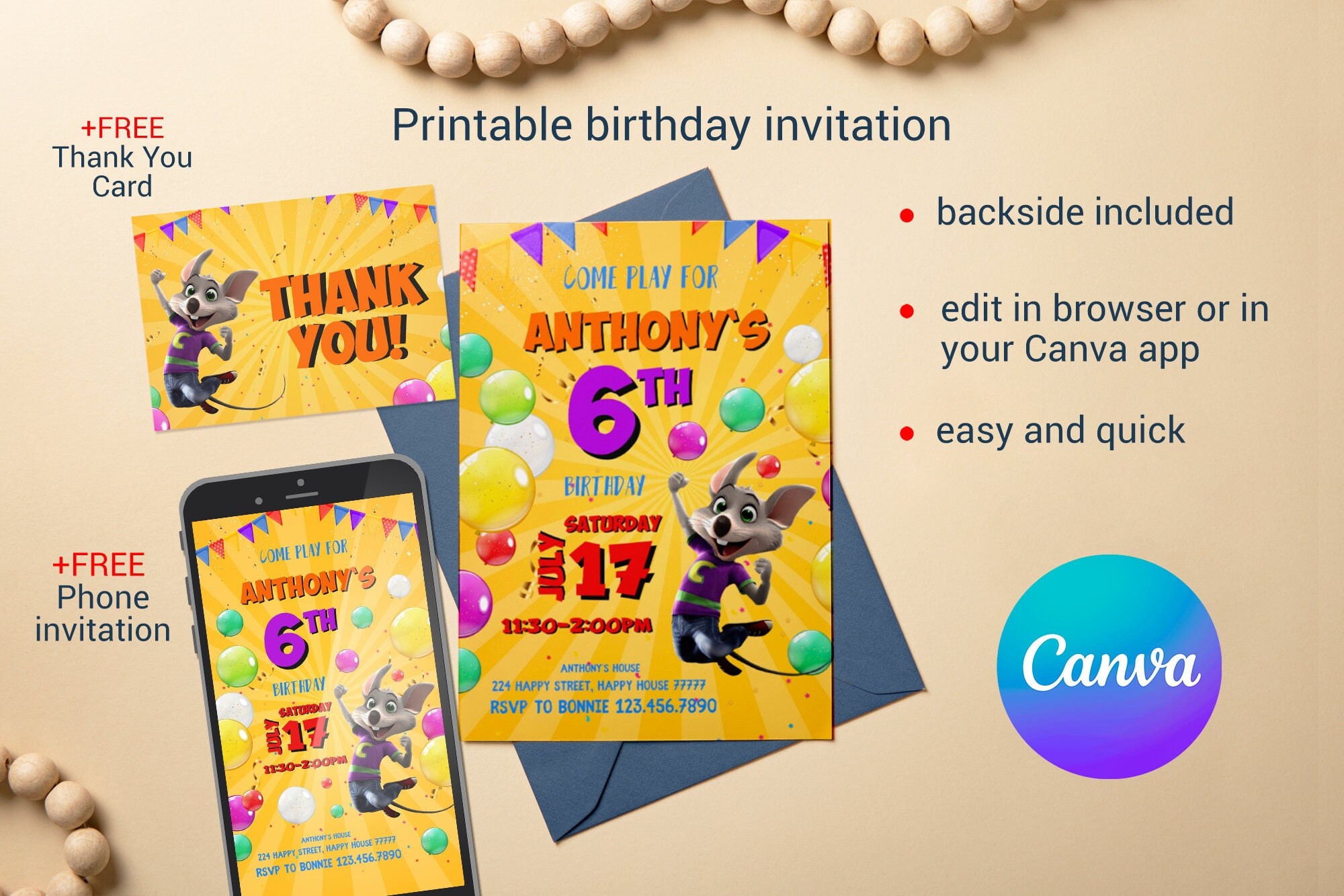 Chuck-e-cheese Editable Invitation, Printable Birthday Invite, Mouse ...