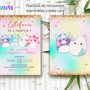 May include: Two-sided invitation design with a pastel rainbow background and gold glitter accents. The invitation features four cartoon animal characters and text that reads "Estefania VA A CUMPLIR 7". The Canva logo is in the upper left corner.