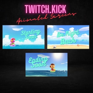 Animated animal crossing twitch kick screens, streaming screens, starting screen, be right back screen, ending soon, vtuber