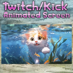 Underwater cat animated twitch kick screen, streaming screen, animated screen, background screen, 4k screen, vtuber, obs, streamlabs, cute