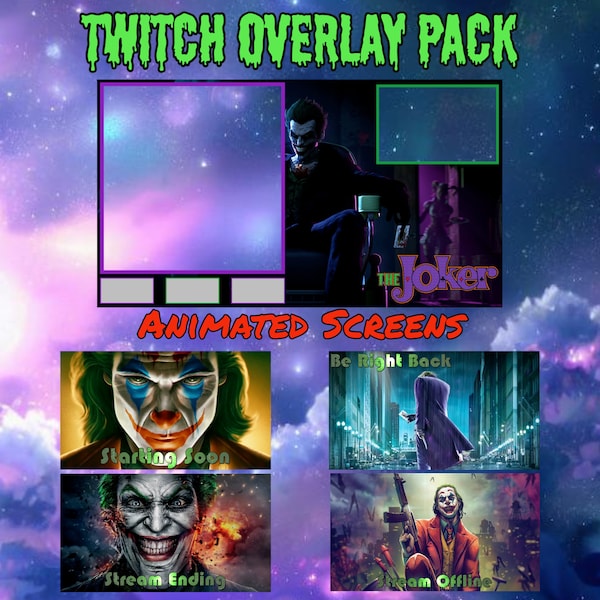 Joker stream overlay pack, twitch overlay, stream overlay, starting screen, be right back screen, ending soon, stream offline, vtuber