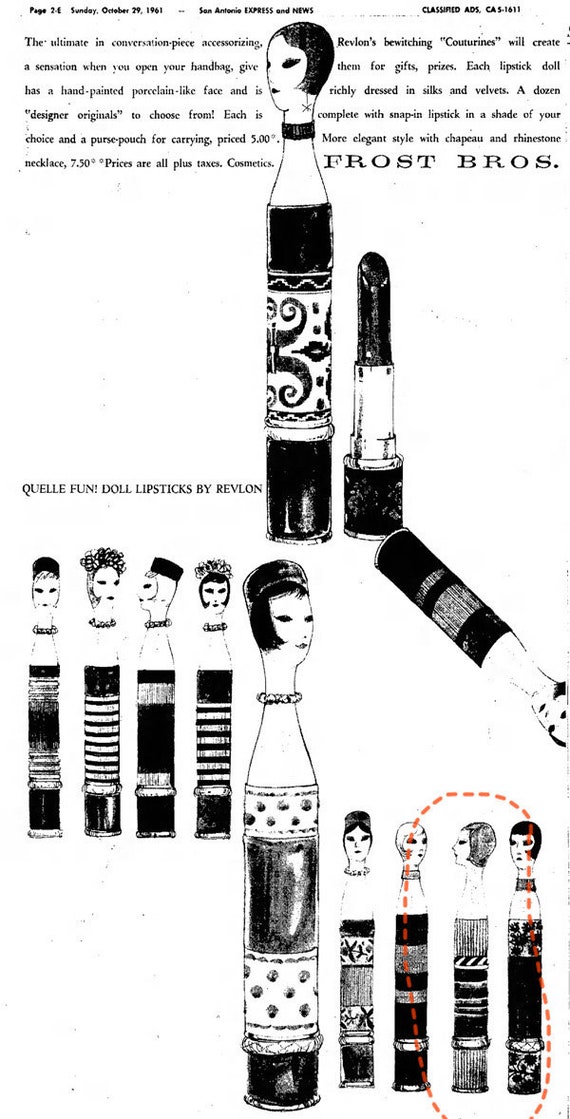 1961 Revlon ‘Couturine’ lipstick doll - unused novelty lipstick case. Mod cosmetics vintage lipstick collectible item.  View 6