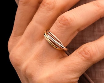Angstringspinner en in elkaar grijpende fidgetringen, gouden vulling en 925 sterlingzilver, cadeau voor haar, handgemaakte sieraden, mooie ring, sieraden