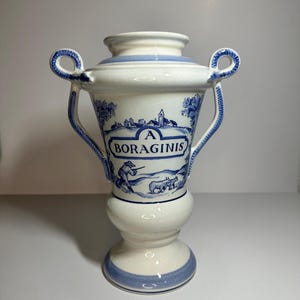 Può includere: Un vaso in ceramica bianco e blu con due manici. Il vaso presenta un disegno paesaggistico blu e bianco con la scritta "A BORAGINIS". Il vaso ha una base bulbosa e un bordo svasato.