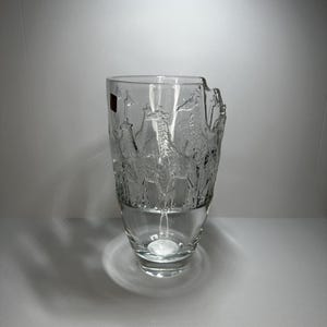 Può includere: Un vaso di vetro trasparente con un rilievo dettagliato di giraffe. Il vaso ha una forma cilindrica ampia con una base leggermente svasata. Il disegno della giraffa avvolge la parte superiore del vaso.